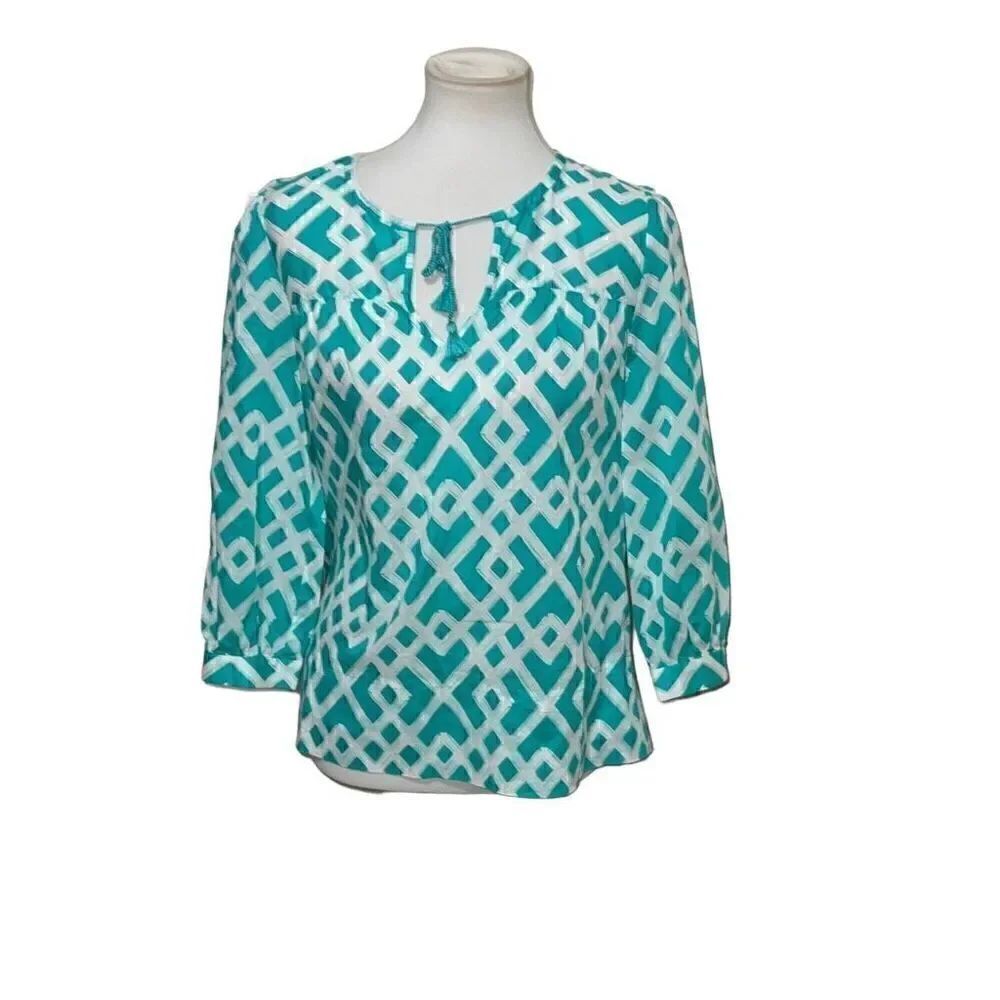 Vineyard Vines Seafoam Green White Trellis Top Tie Tassel Neck Cotton sz XS
